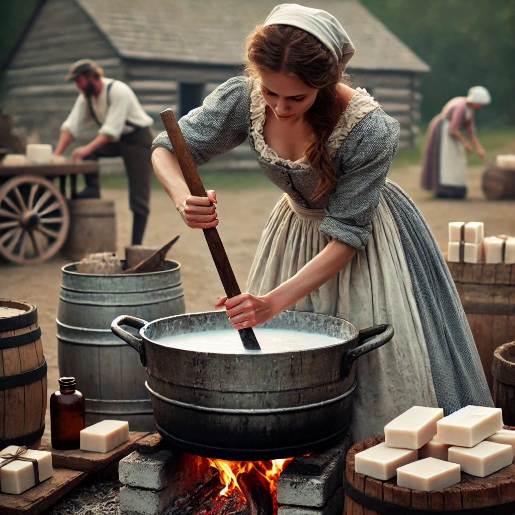 AI generated image of a pioneer era woman stirring a pot of homemade soap with soap bars nearby.